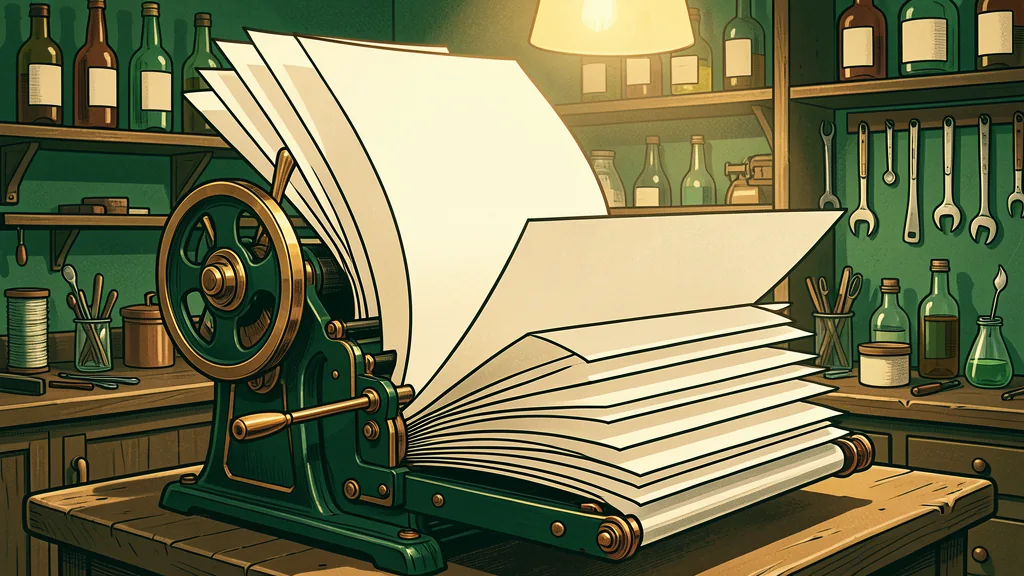 Illustration of a vintage printing press with blank paper sheets in a workshop
