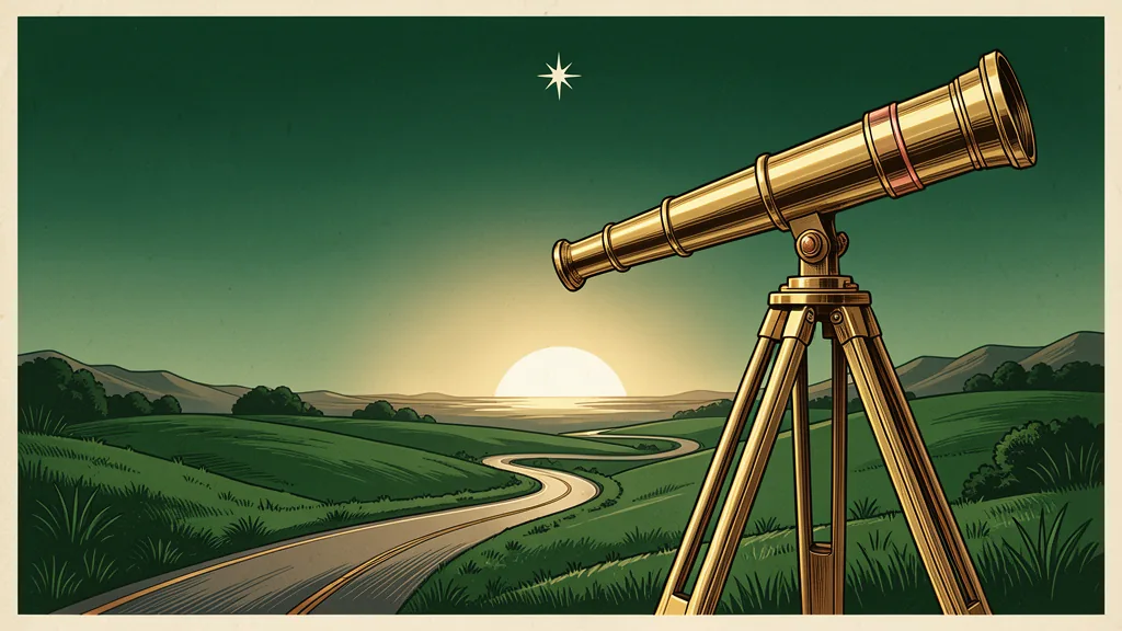 Illustration of a brass telescope pointing toward a bright horizon over a winding road