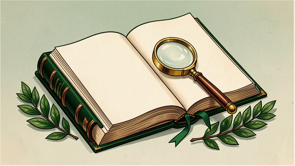 Illustration of an open leather-bound registry annual with a brass magnifying glass