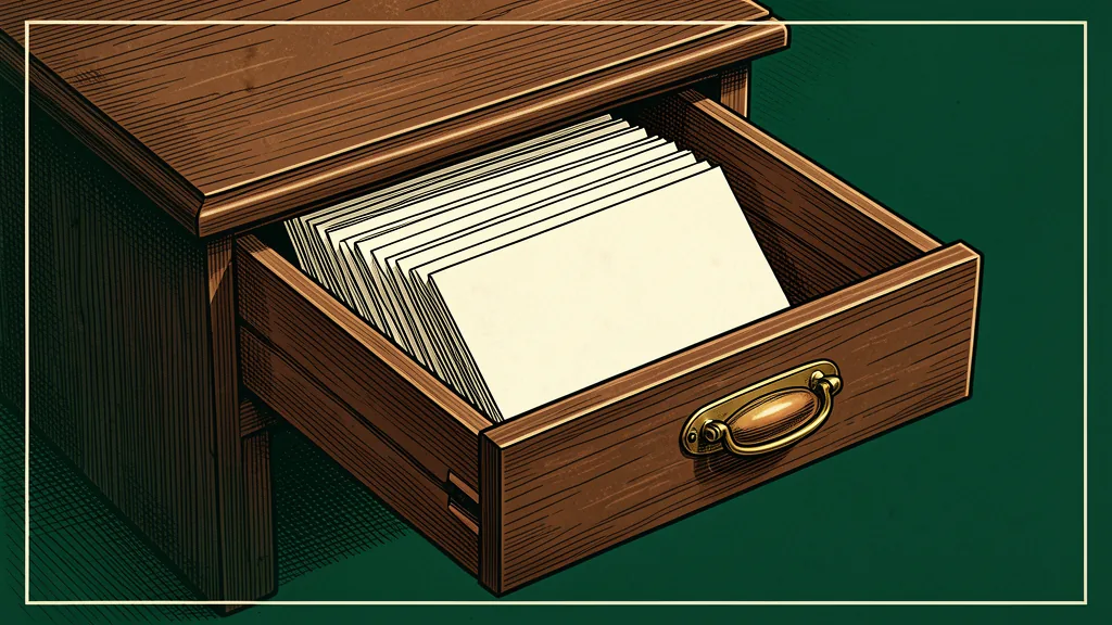 Illustration of a wooden card-catalog drawer with ivory index cards