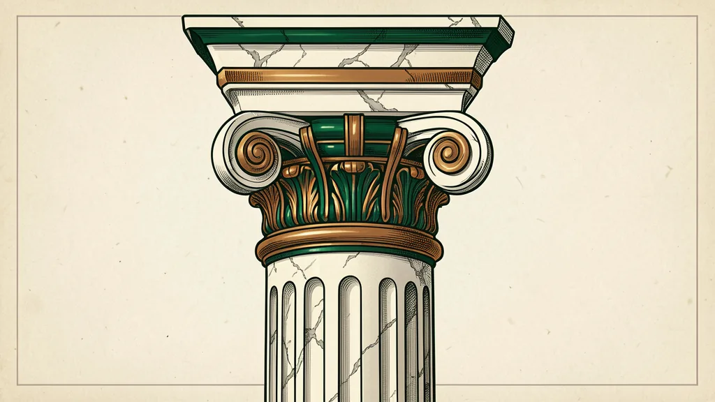 Illustration of a classical marble column capital with emerald and brass detail