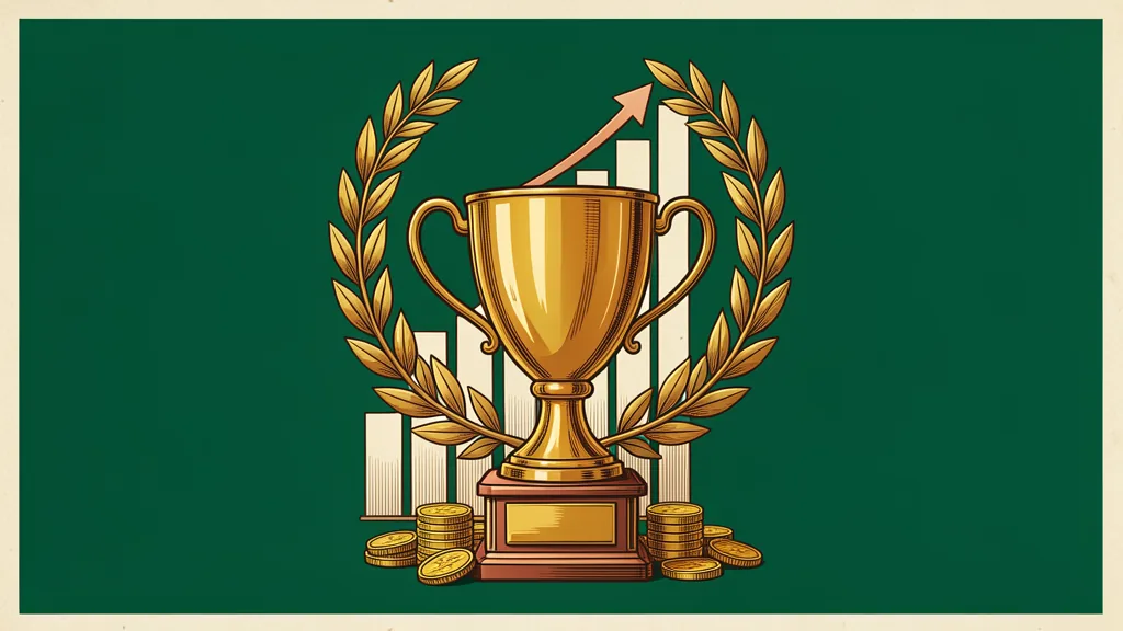 Illustration of a brass trophy wreathed in laurel with a rising chart and gold coins